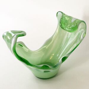 Murano ? Hand Blown Art Glass Milk Green Vessel Console Bowl Wave White Ribbon